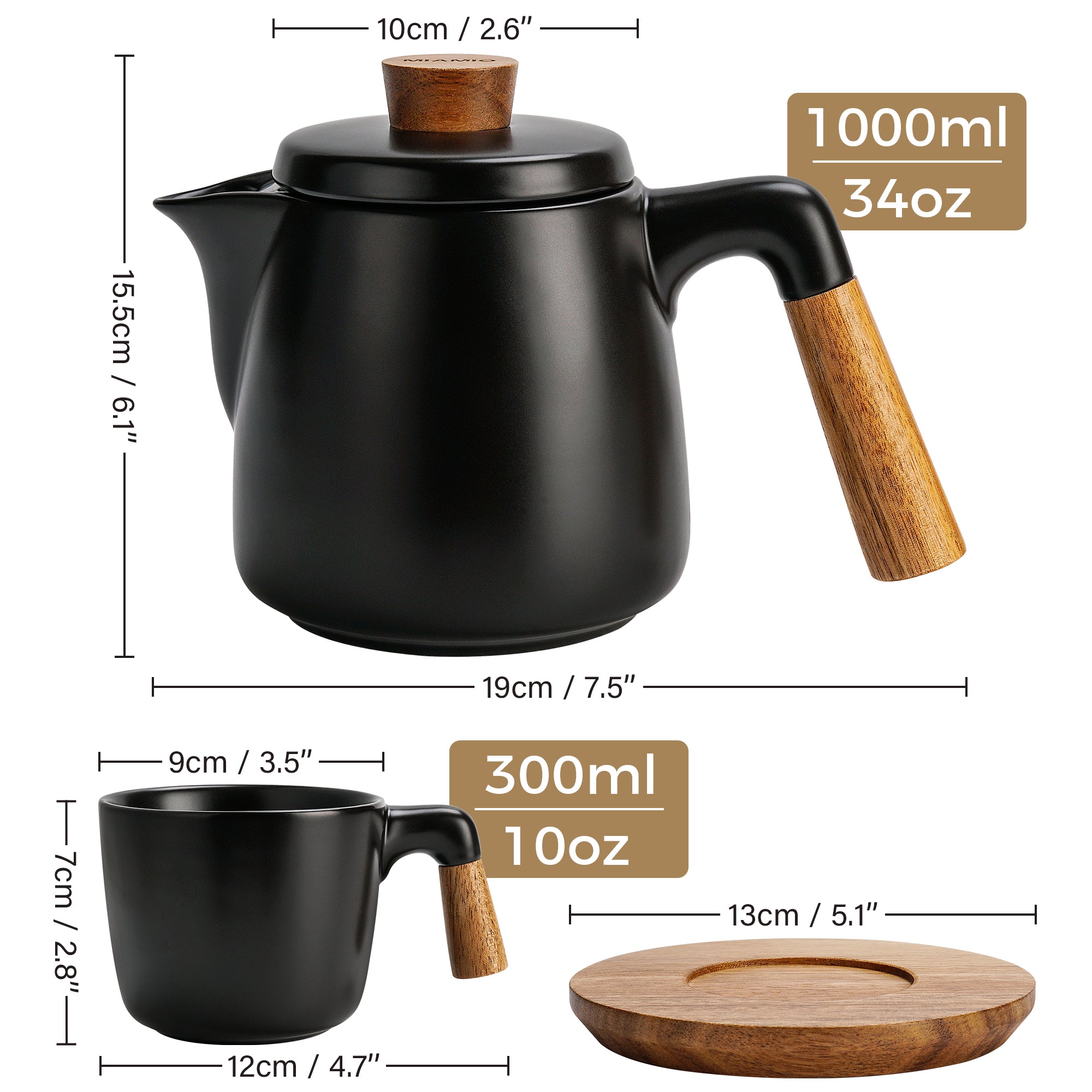 Teekannen Set mit Gestell und 4 Tassen für 4 Personen 1000ml