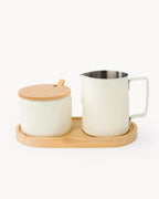 Milch und Zucker Set aus Edelstahl mit Bambus-Tablett