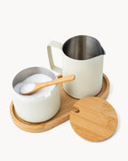 Milch und Zucker Set aus Edelstahl mit Bambus-Tablett